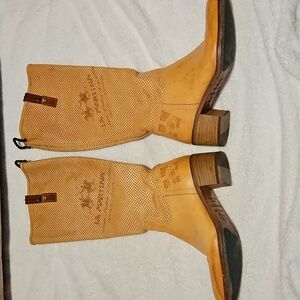 La Martina Women’s Perforated Tall Riding Leather Boots in Mustard Light Brown 6